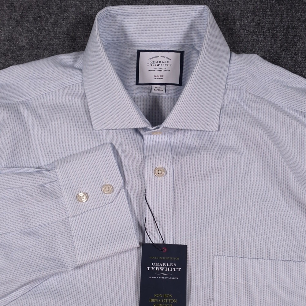 NWT Charles Tyrwhitt Dress Shirt Mens 18-35 Blue Slim Fit Non-Iron Stretch